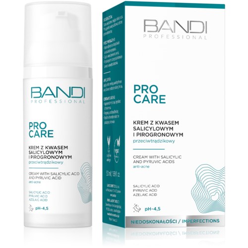 A white bottle and box are shown; both are labeled 'BANDi Professional Pro Care' for skin with salicylic and pyruvic acids.