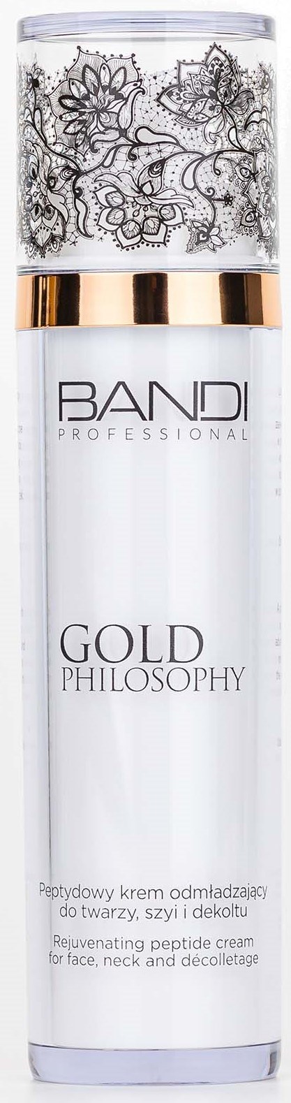En lång vit flaska med guldkant, med blommiga och abstrakta mönster på locket, märkt 'BANDI GOLD PHILOSOPHY.'