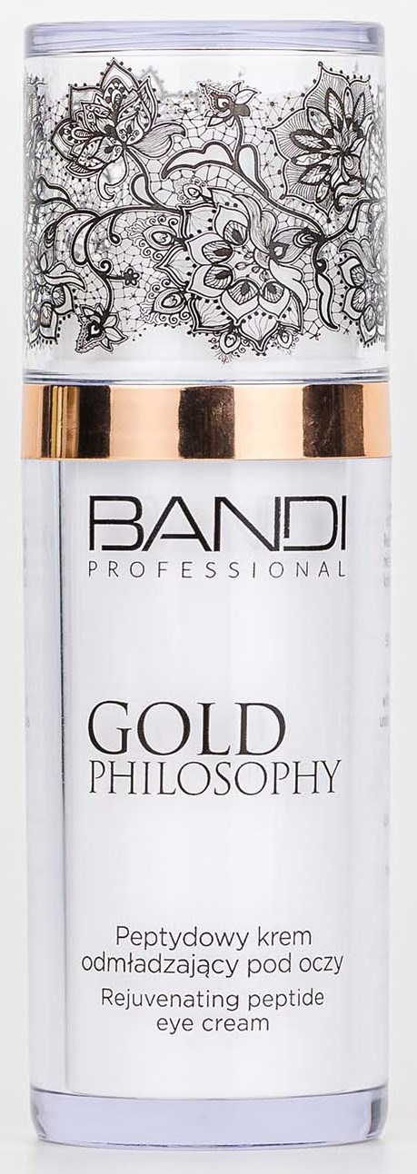 A clear eye cream bottle with floral designs at the top, gold band, and text for a skincare product.