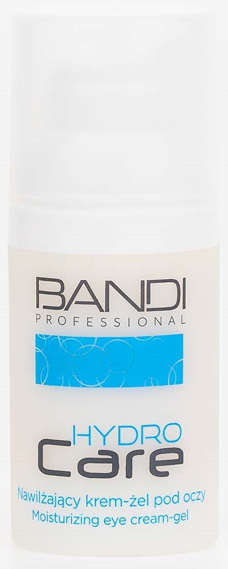 Weiße Flasche mit blauer und schwarzer Beschriftung, enthält feuchtigkeitsspendendes Augencreme-Gel von BANDI Professional Hydro Care.