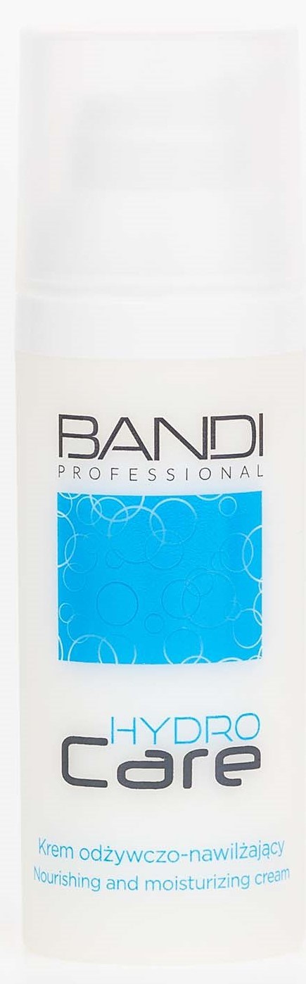A white bottle with a blue label, labeled 'BANDI PROFESSIONAL HYDRO Core' for nourishing, moisturizing cream.