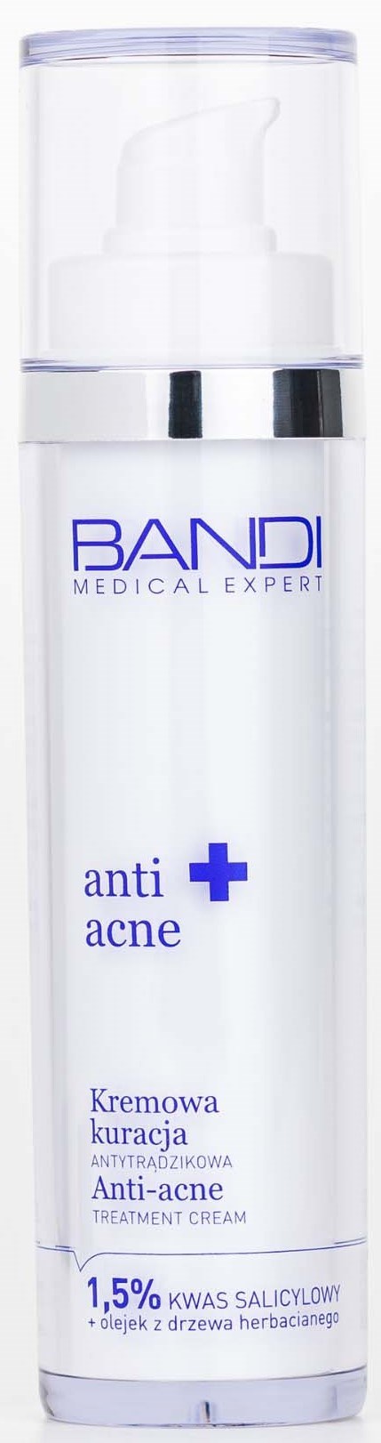 En vit och lila flaska märkt 'BANDI anti-acne' med pump, stående upprätt.