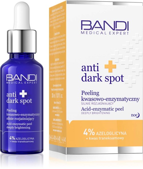 Blue bottle and box for anti-dark spot acid-enzyme peel skincare product.