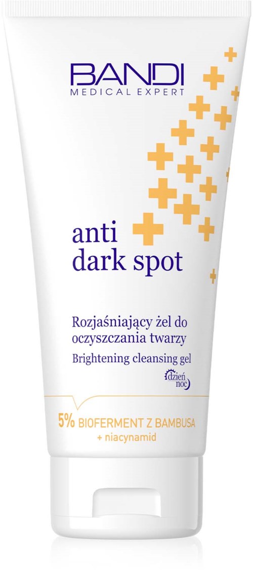 A white tube of gel with purple and orange text and plus signs, designed for face brightening and dark spot removal.