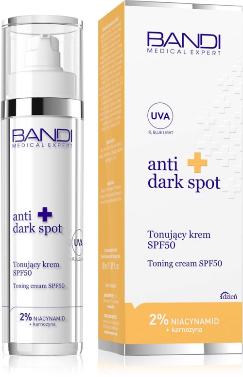 A skincare product with a white bottle and orange box, labeled for dark spot treatment, SPF50, with niacinamide.