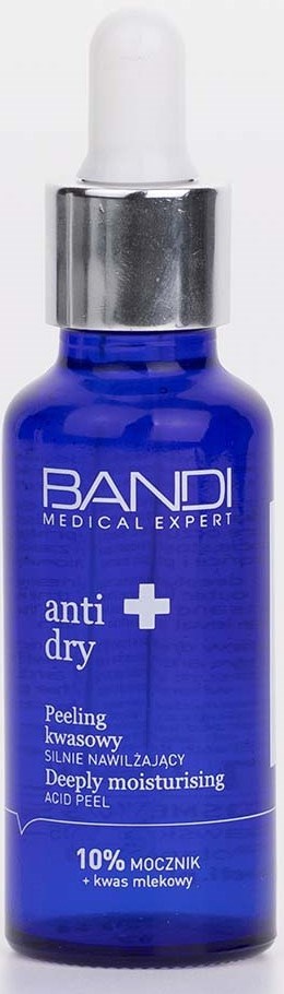 A blue glass bottle with a white dropper lid, labeled 'BANDI anti dry' and 'Deeply moisturising acid peel.'