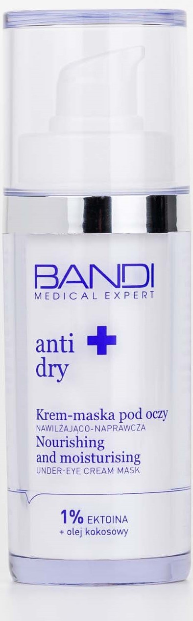 En vit flaska med pump märkt 'BANDI anti dry' under-ögonkräm mask i blå och lila text.
