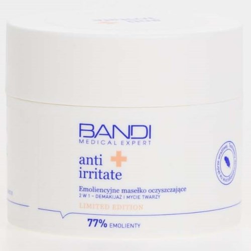 A white cosmetic jar labeled 'Bandi' for anti-irritate skin care, with text and a small logo. Limited edition with 77% emoly.