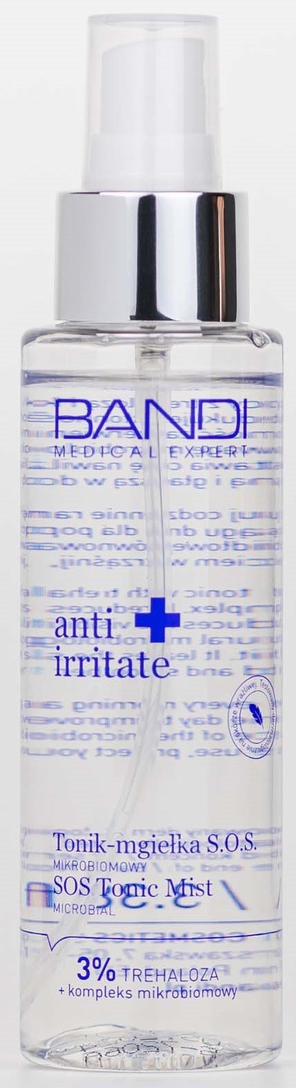 A clear spray bottle with text and a blue medical cross, labeled as a soothing, anti-irritate tonic or mist.