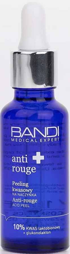 Blue glass bottle with a dropper cap, labeled 'BANDi anti rouge peeling'. It contains anti-redness acid peel solution.