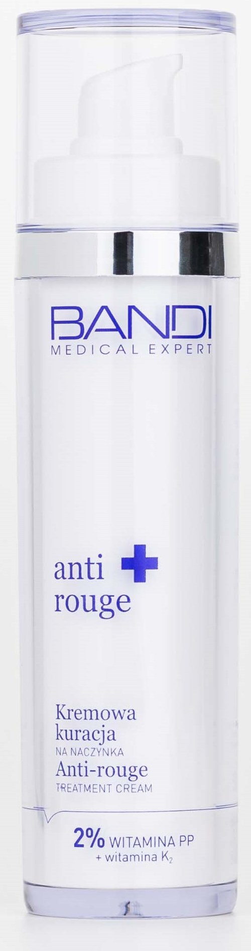 A white bottle with a pump, labeled 'BAND' and 'anti rouge,' indicating it's a cream for redness. Contains 2% Vitamin PP.