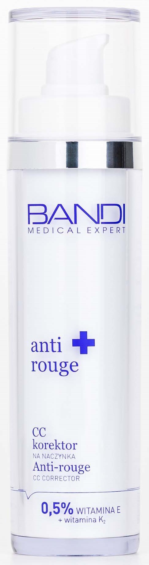 A white bottle with a pump, labeled 'BANDI' and 'anti rouge,' contains skin care cream with vitamins E and K.