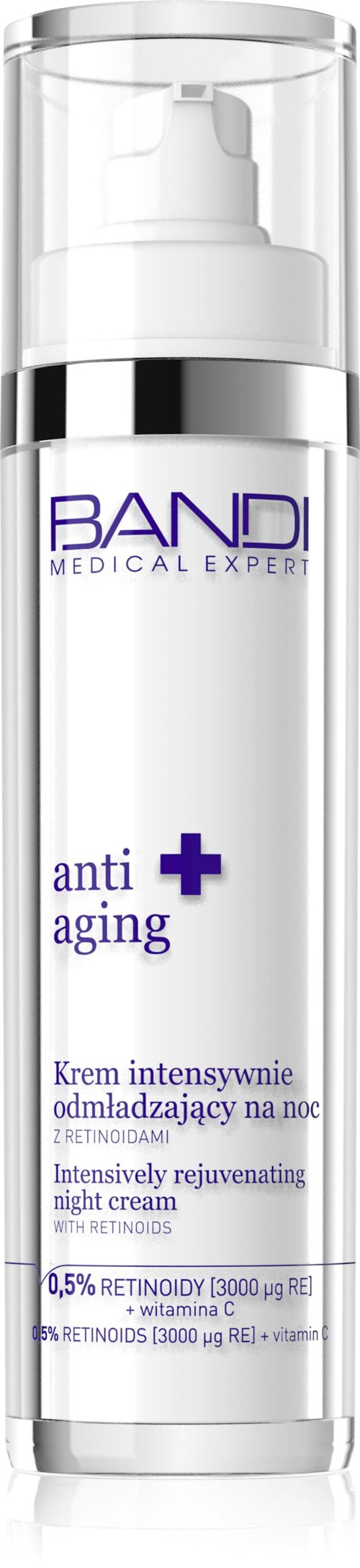 En lång, genomskinlig flaska med pump, märkt anti-aging nattkräm med retinol och vitaminer, av BANDI.