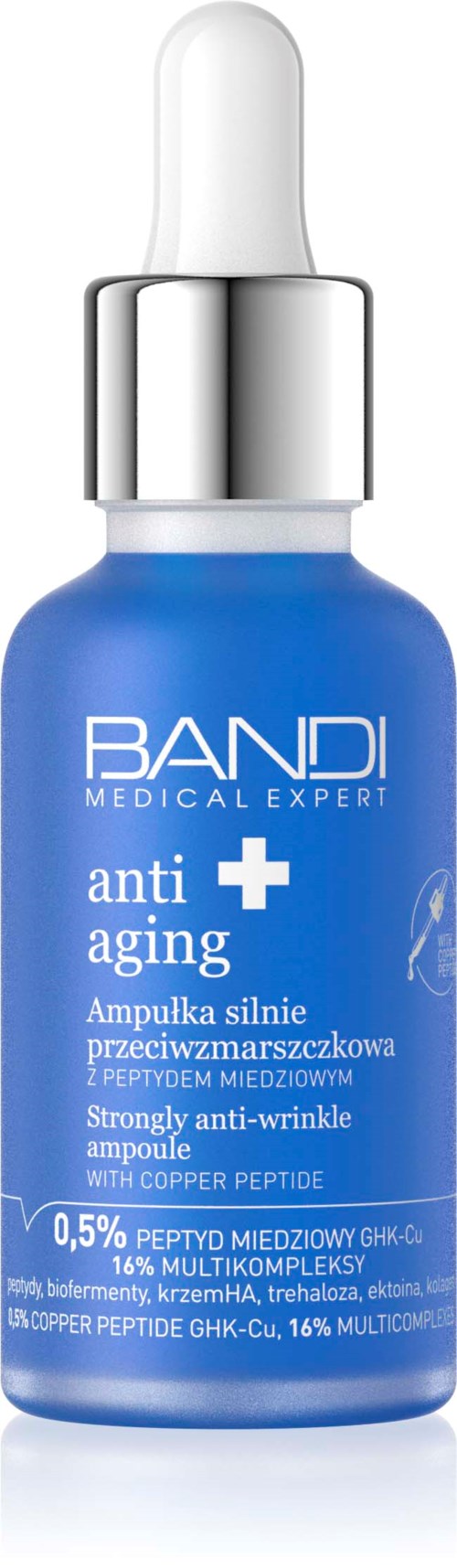 A blue bottle with a white dropper cap, labeled as anti-aging serum with copper peptides and strong anti-wrinkle formula.