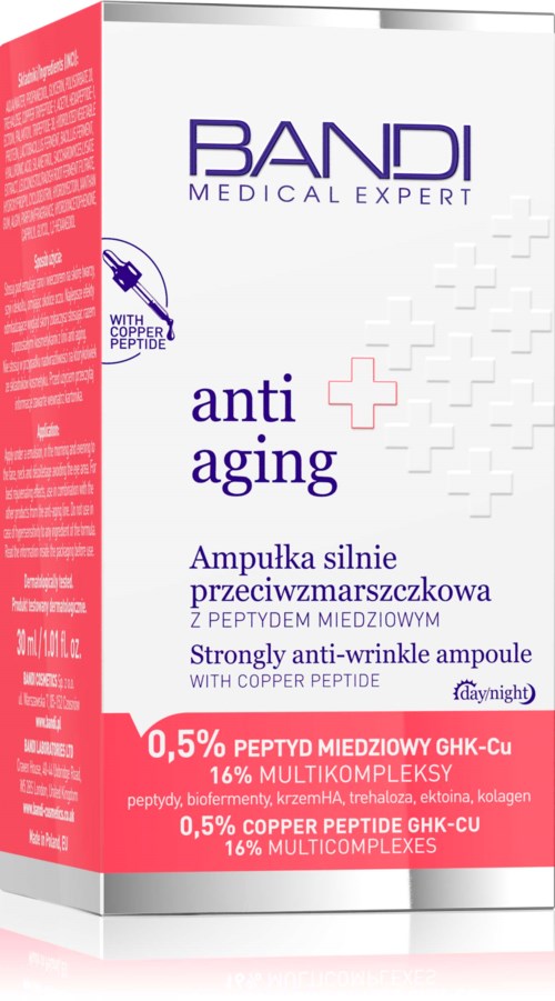 The packaging is a red and white box for Bandi Anti-Aging Ampoule with copper peptide. It mentions strong anti-wrinkle effects.