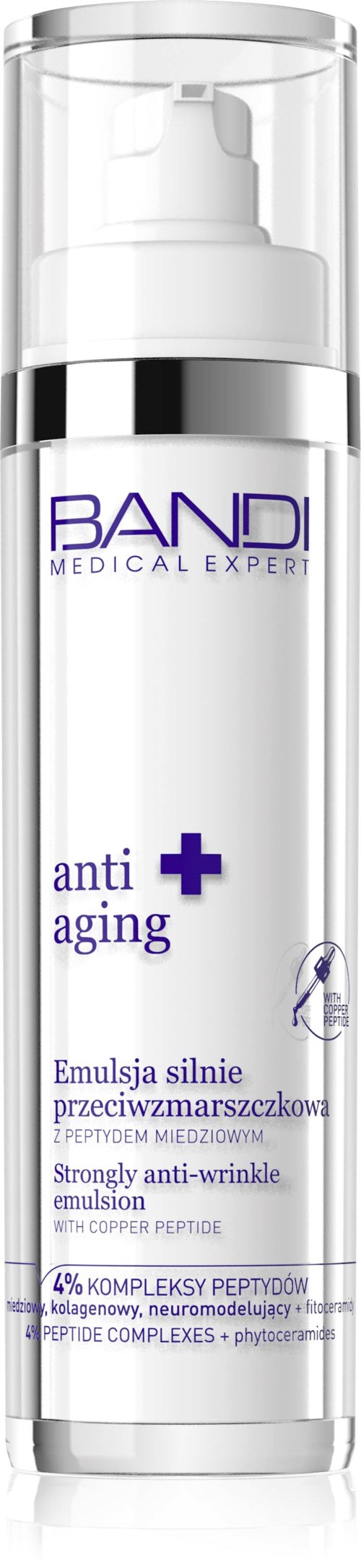 A clear pump bottle labeled 'Anti-Aging' with purple text and a blue cross, indicating a skincare product.