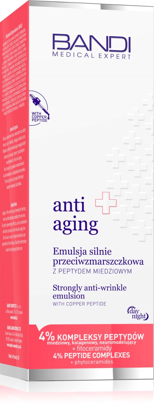 A box labeled BANDI Medical Expert, anti-aging emulsion, with red and white colors, and text about ingredients and benefits.