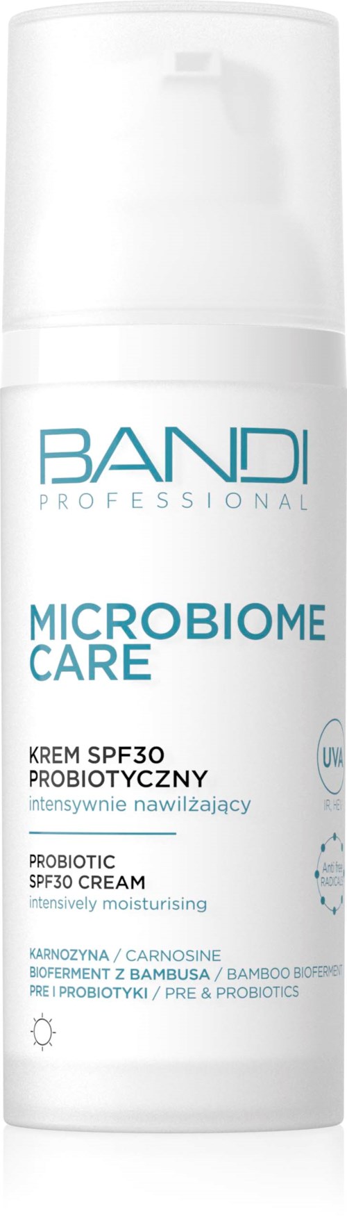 A white cylindrical bottle with blue and black text, labeled 'Microbiome Care,' SPF 30, probiotic cream for moisturizing.