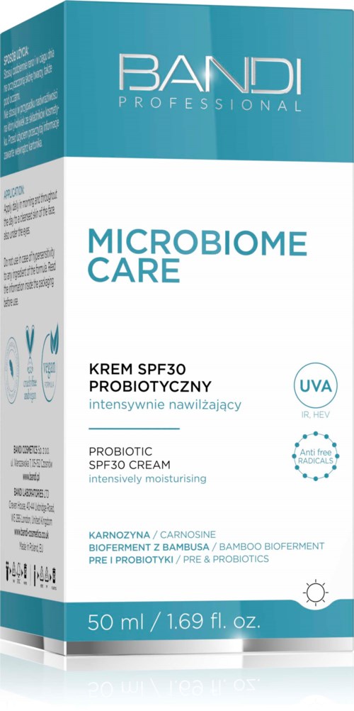 A blue and white box labeled 'BANDI PRO**FESSIONAL' for microbiome care, with text about probiotics and moisturizing.