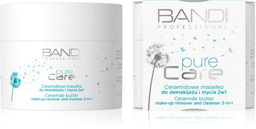 Two white containers with blue and gray text, showing a dandelion and bubbles, for makeup remover and cleanser.