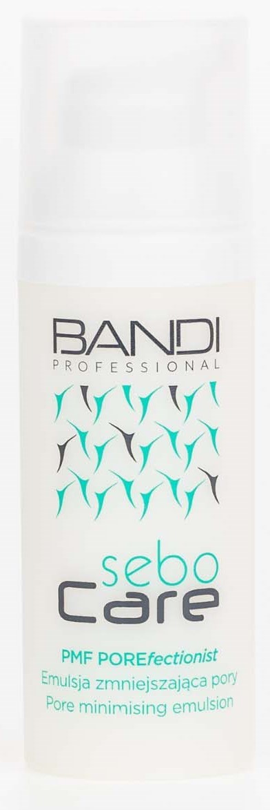 A white bottle with black and turquoise text, labeled 'BANDI PROFESSIONAL sebo core' for pore-minimizing emulsion.