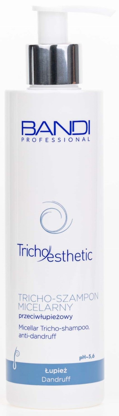 En vit flaska med pump, märkt BANDI PROFESSIONAL Tricho&esthetic, för mjällschampo, med blå och silver detaljer.