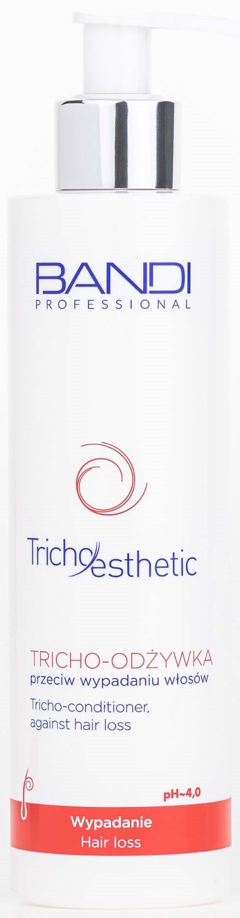 A white bottle with a pump, labeled BANDI PROFESSIONAL, for hair loss treatment, contains tricho-conditioner with pH 4.0.