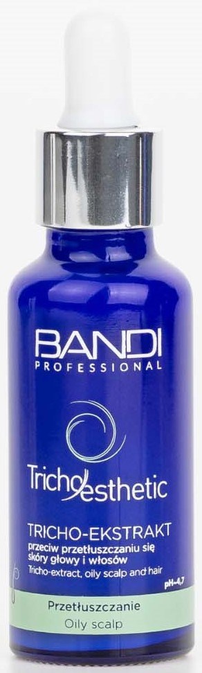 A blue bottle with a white dropper cap, labeled 'BANDI Professional' and 'Trichoesthetic,' for oily scalp treatment.