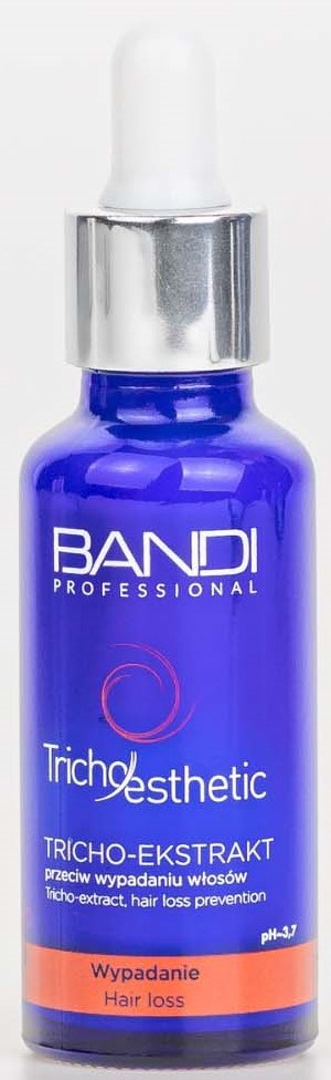 Blue bottle with a white dropper cap, labeled for hair loss treatment with tricho extract. Contains pink and orange accents.
