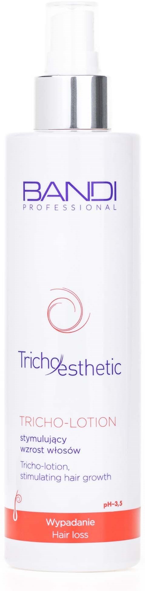 A white bottle with a spray top labeled Bandı Trichoesthetic hair growth lotion, targeting hair loss.