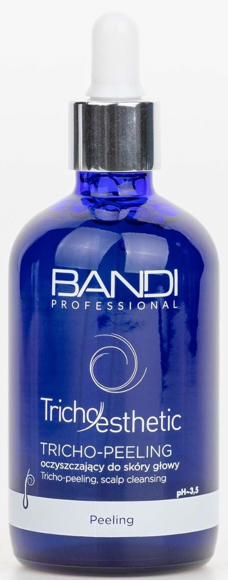 En blå flaske med pipette, merket BANDI Professional Trichoesthetic Tricho-Peeling for hodebunnsrengjøring og peeling.