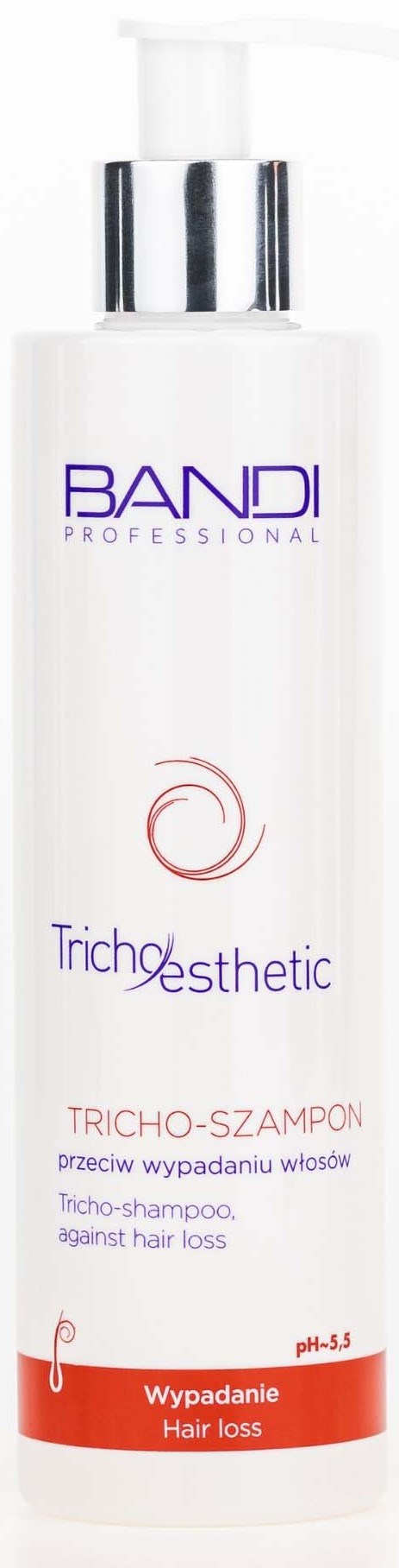 En vit flaska med pump, märkt Banda Professional Trichosthetic, för behandling av håravfall, med lila och röd text.