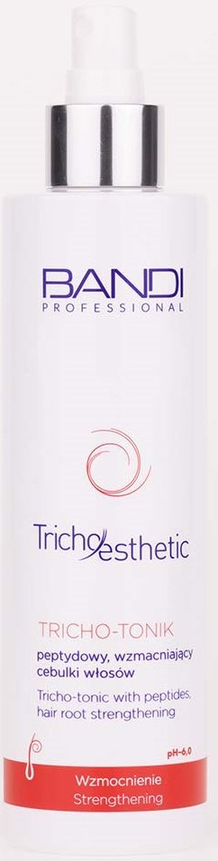 A white bottle with a silver top, labeled Bandì Professional, Trichesthetic, and Tricho-Tonik for hair strengthening.