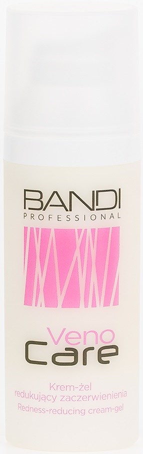 En vit flaska med BANDI Veno Core-kräm-gel för att minska rodnad. Den har rosa och svart text och design.