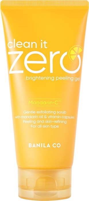 De gele tube bevat een verhelderende peelinggel met mandarijnolie en vitaminecapsules voor alle huidtypes.