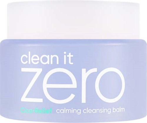 Ein beruhigendes Reinigungsbalsam namens 'clean it zero' von Circa-Relief. Der Behälter ist hell lila und weiß.