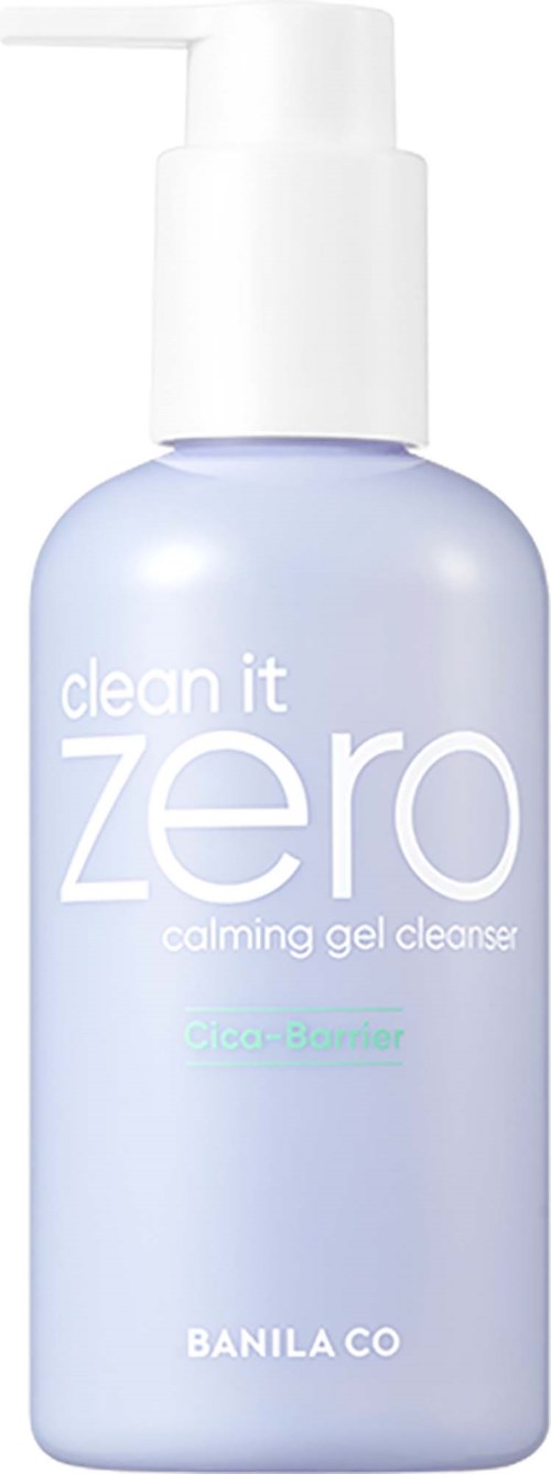 Lichtpaarse fles met witte pomp, labeled 'clean it zero calming gel cleanser' door Banila Co.