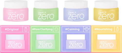 Vier kleine Gläser sind in einer Reihe mit verschiedenen Pastellfarben: rosa, grün, blau und gelb. Jedes Glas hat eine Beschriftung für verschiedene Hautpflegearten.