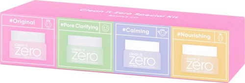 Ein Hautpflege-Set mit vier kleinen Boxen in Pink, Grün, Blau und Gelb, für verschiedene Hautvorteile.