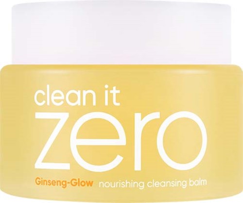 Gelber Behälter mit weißem Deckel, beschriftet "clean it zero Ginseng-Glow nährende Reinigungsbalsam."