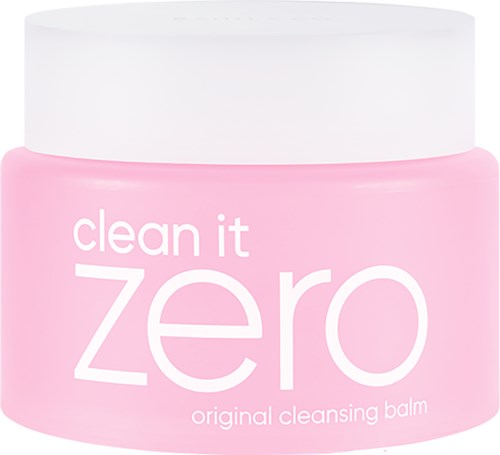 Ein rosa Glas mit weißem Deckel, beschriftet 'clean it zero' Reinigungsbalsam.
