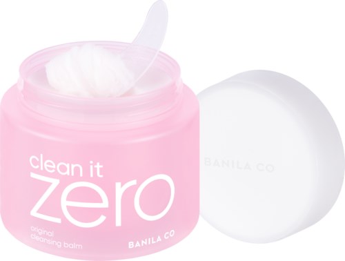 Rosa Behälter mit Reinigungsbalsam und weißem Deckel, der Balm ist weiß und cremig.