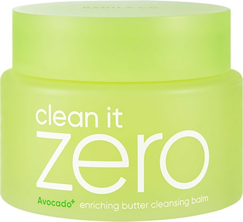 Ein grüner Behälter mit 'clean it zero' Avocado-angereichertem Butter-Reinigungbalsam. Das Etikett ist weiß und grün.