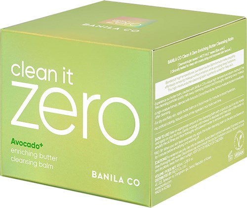 Grüner Karton von Banila Co Clean It Zero Avocado Reinigungslöffel mit Text und Logos.