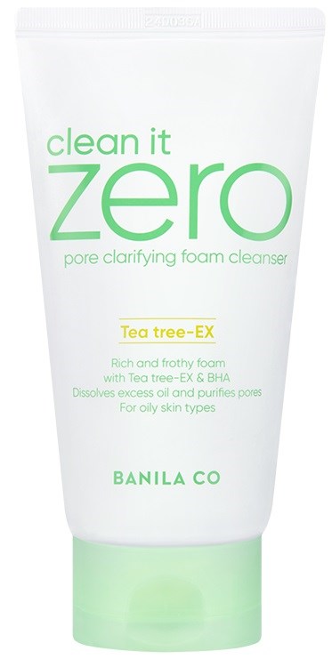 Een witte tube gezichtsreiniger met groene en gele tekst, gelabeld 'clean it zero' en 'Banila Co.'