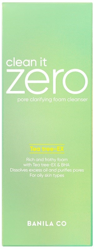 Groene doos met 'Clean it zero' en 'Banila Co'. Zeepschuimreiniger voor vette huid met tea tree en BHA.