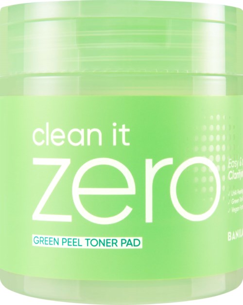 Een groene container met de tekst 'clean it zero' en 'GREEN PEEL TONER PAD' met een eenvoudig, schoon ontwerp.