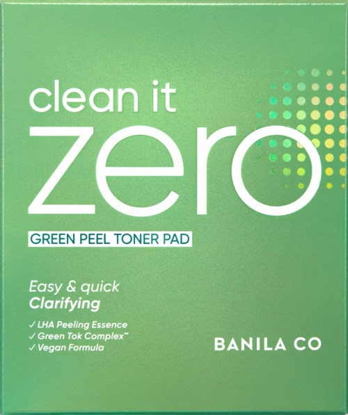 Groene verpakking voor Banila Co's peeling toner pad met productinformatie en voordelen.