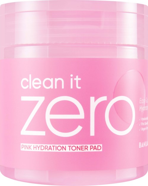 Roze container met tonerpads voor huid hydratatie, gelabeld "clean it zero," met een simpel ontwerp.