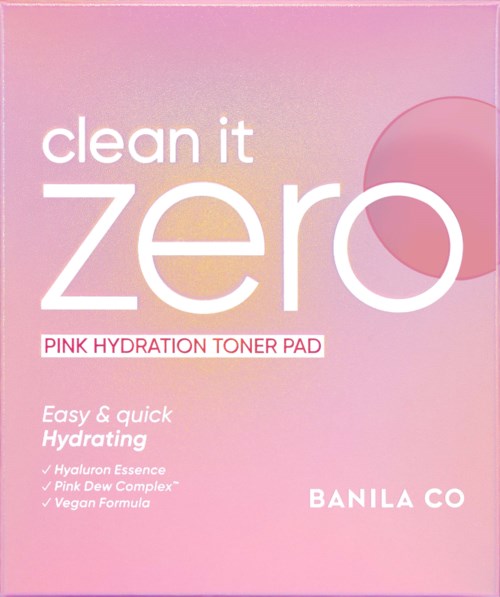 Roze doos met witte en roze tekst over een toner pad voor hydratatie.